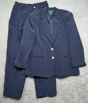 LAUREN RALPH LAUREN ネイビー スーツ 44L Lauren Ralph Lauren Suit Womens 44 Pants 14 Blue Pin Stripes Silk
