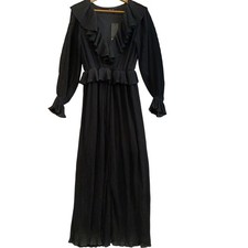 Nasty Gal Micro Pleat Maxi Dress UK 10 Women's Black Ruffle Long Sleeve Preloved
