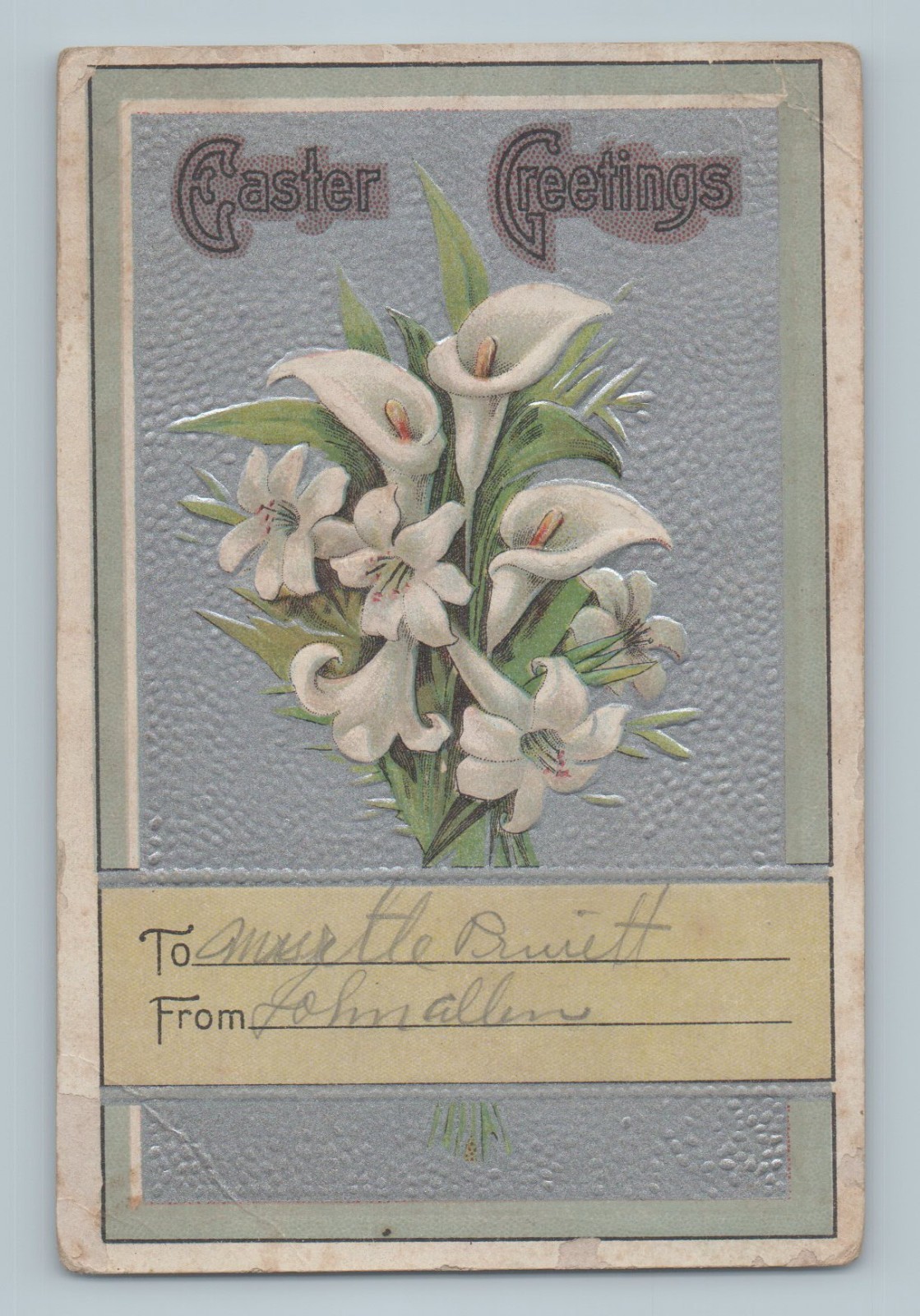 Easter Greetings White Flowers Silver Embossed Backg Vintage Holiday Postcard K6