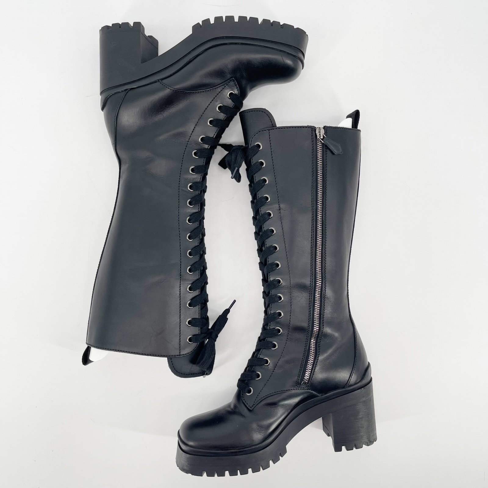 SAOLA Stivali Miu Miu neri da combattimento militari punta quadrata tacco grosso blocco suola a strappo IT 37 5