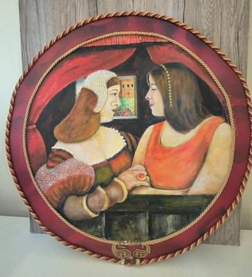 Vintage handbemalte runde Wandrelief Mittelalter Damen Portrait Deko 