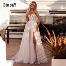 Elegant A-Line Wedding Dresses Lace Sweetheart Tulle Slit Strapless Bridal Gowns