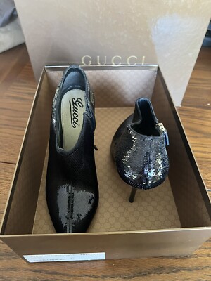 AUTHENTIC Gucci Womens Black Sequins Ankle Booties Size 37 6.5