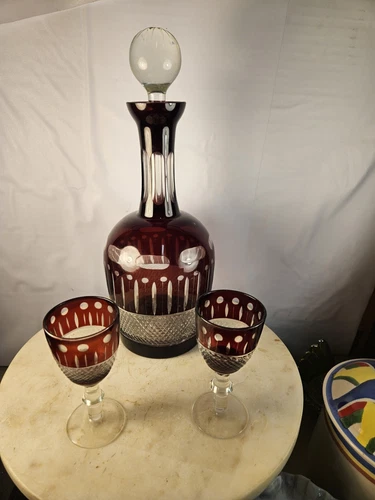 Fabulous Bohemian Cut To Clear Burgundy Decanter And 2 Glasses Hand Blown
