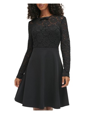 KARL LAGERFELD PARIS Womens Black Bow Long Sleeve Fit + Flare Dress 12
