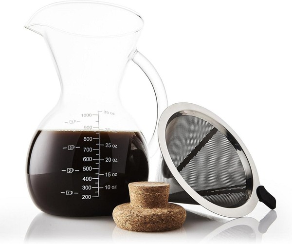 Pour Over Kaffeebereiter 1L Glas Edelstahl Filter Korkdeckel-image