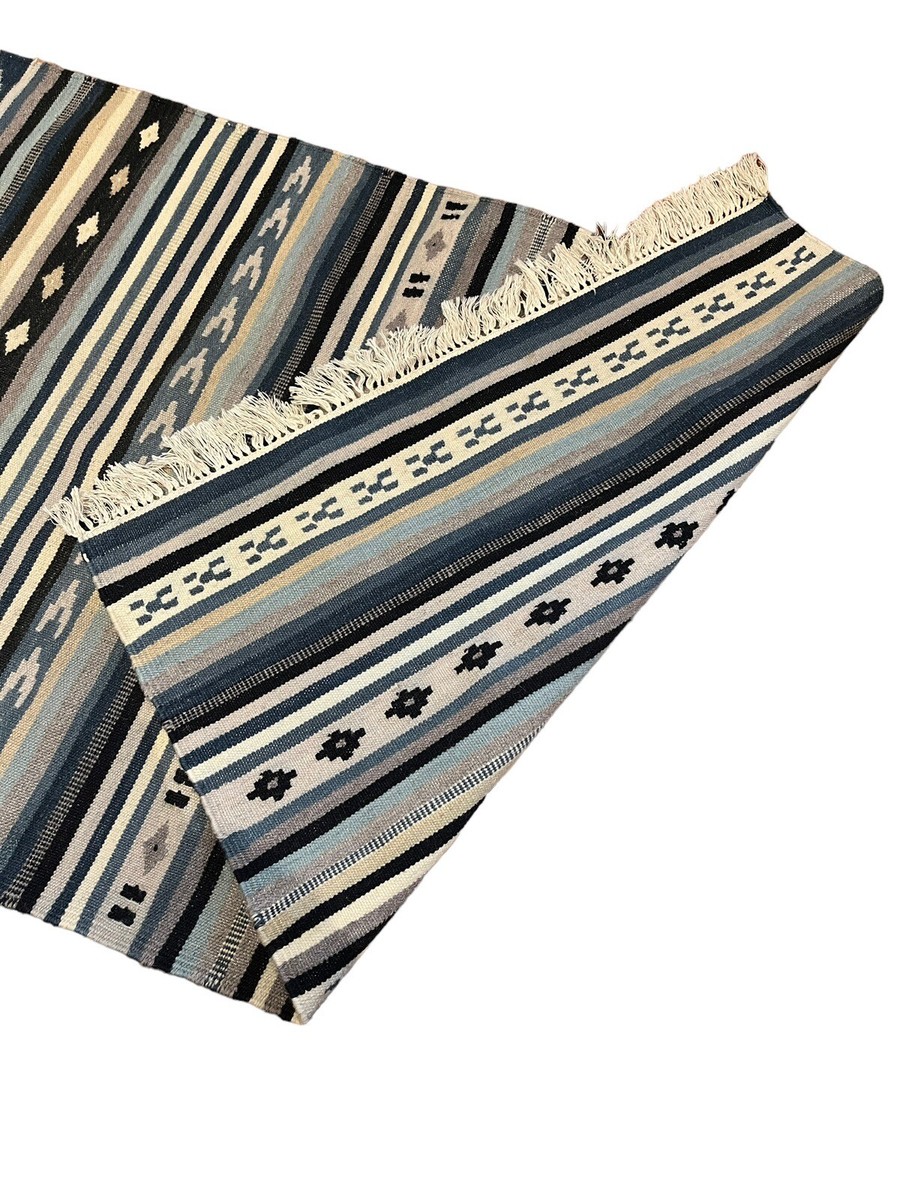 Vintage Ikea Kattrup Aztec Geometric Handwoven Wool Blue White