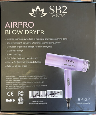SB2 by Sutra Air Pro Blow Hair Dryer W/Attachments- Lavender- New
