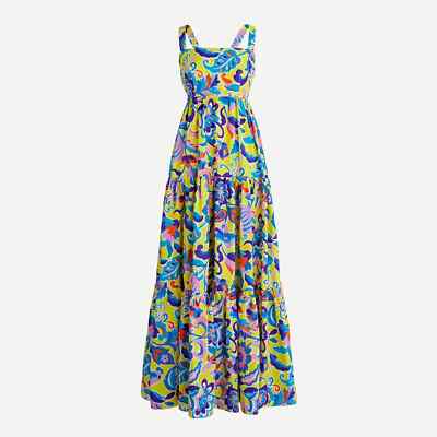 NWT J.Crew Tiered Maxi Yellow Blue Curly Floral Taffeta Cross Strap Tank Dress 8