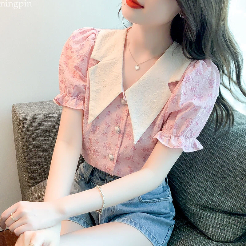 Korean Women Colorblock Embroidered Puff Sleeve Summer Casual Tops Blouse Shirt