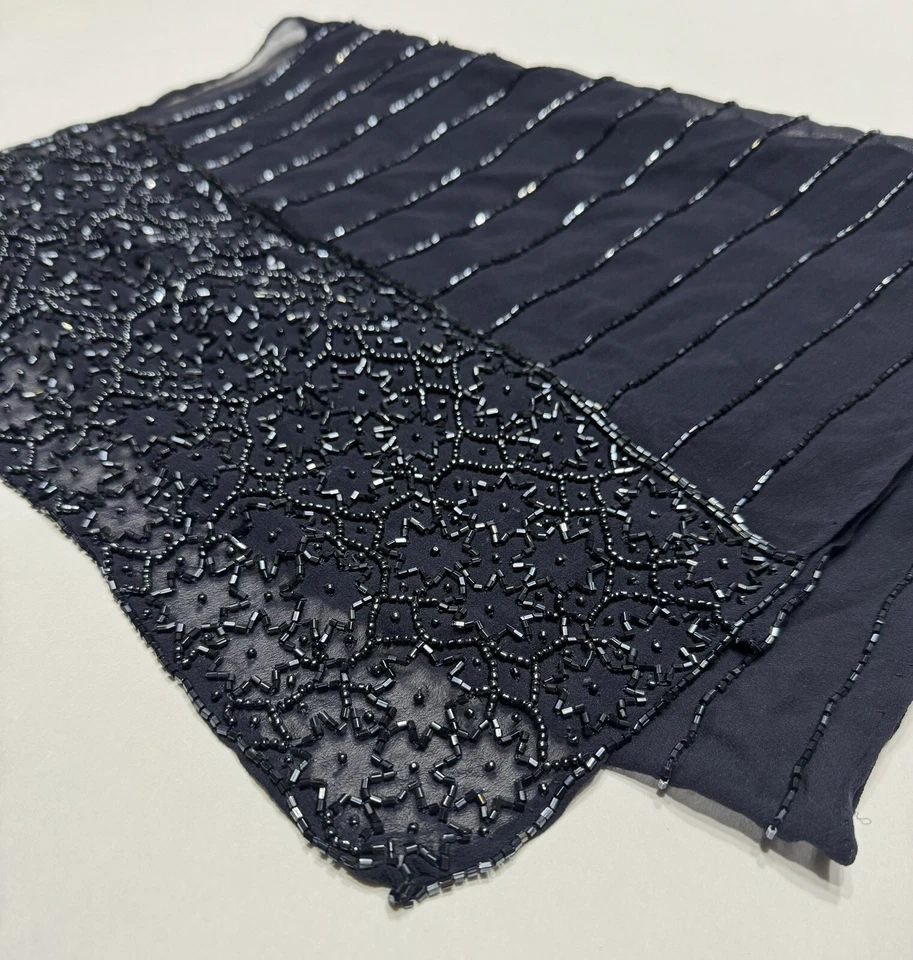 "Envoltura de bufanda de gasa de seda con cuentas negras 66" x 12"" elegante - detallada - ver fotos" Foto 2 de 4