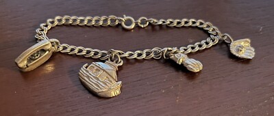 Vintage 925 Double Link Charm Bracelet Cat Softball Noah Ark Telephone Charms 8''