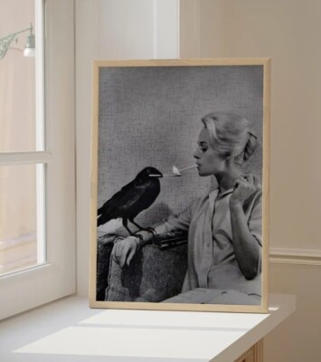 Tippi Hedren having her cigarette lit by a Crow 1963, Aesthetic Retro Wall Art