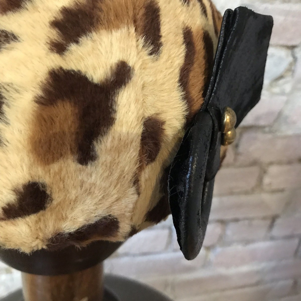 Adolfo Realites Faux Leopard Pillbox Hat Black Details 7 1/2