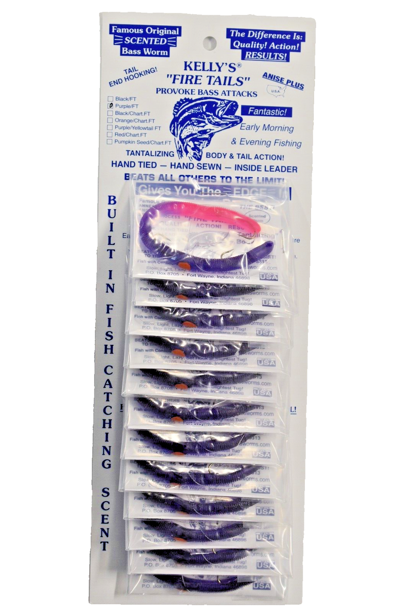 Kelly's® Bass Worms Fire Tail™ Purple Fire Tail 12PK PreRigged