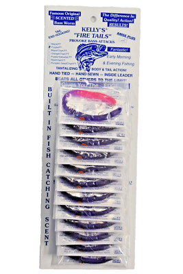Kelly's  Bass Worms Fire Tail  Purple Fire Tail 12PK PreRigged Scented Anise USA