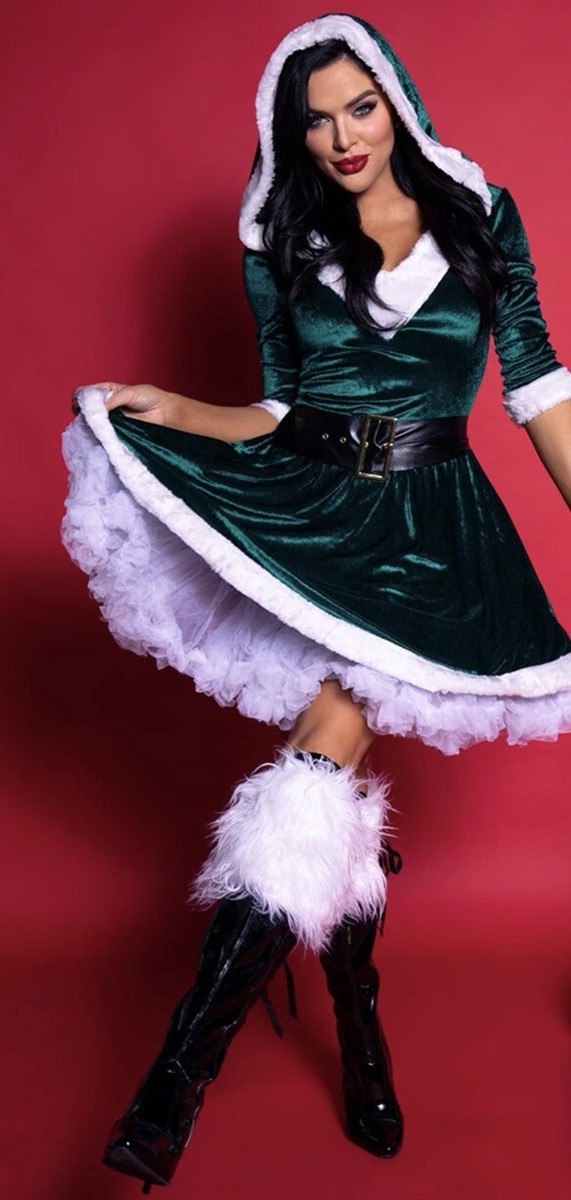 Santa Baby Velvet Holiday Mini Dress W/hood Cosplay Costume Green