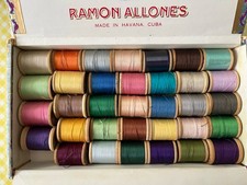 Vtg Lot 34 Wooden Spools Cotton Sewing Thread Cigar Box Lily Belding Coats Clark