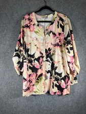 Cathrines Blouse women 2X Long Sleeve Button Front Floral Roll Tab Mature Casual
