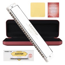 East Top Tremolo Harmonica, C Key, 24 Holes, Brass Cover, Leather Case, Cleanin 