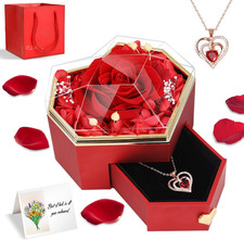 Preserved Real Red Rose Gift Box with Heart Necklace - Eternal Flower Gift for H