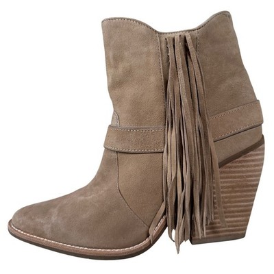 Gianni Bini Tan Suede Fringe Wedge Ankle Boots Pointed western cowgirl cowboy