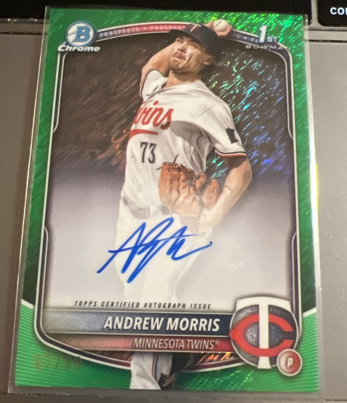 2025 Bowman Chrome 1st Andrew Morris Green Shimmer Auto 57/99 Twins CPA-AMO