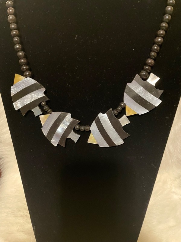 Vintage^Mother of Pearl Fish Necklace w/ Black Wood Beaded Strand