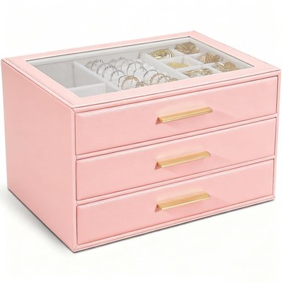 Jewelry for , Glass Lid Jewelry Organizer with 3 Drawers PU Jewelry Storage C...
