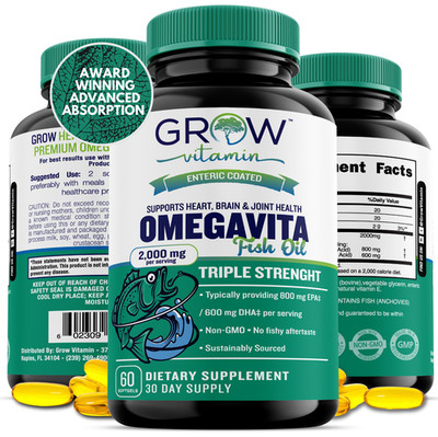 Grow Vitamin Omega 3 Fish Oil - 2,000mg, Extra Strength, Coated for 3x Strength