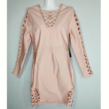 Venus Bandage Strappy Pink Cut Out Bodycon Mini Party Chic Dress LARGE NWT
