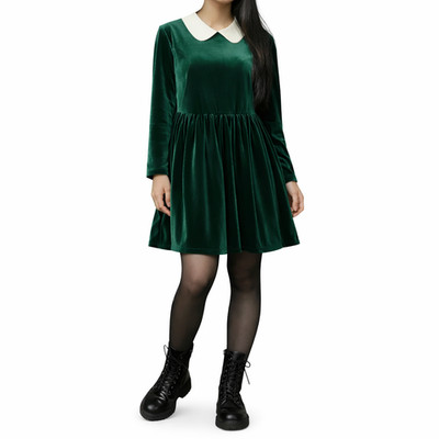 Hot Topic Emerald Velvet Peter Pan Collar Dress Goth Dark Academia Size LG/XL