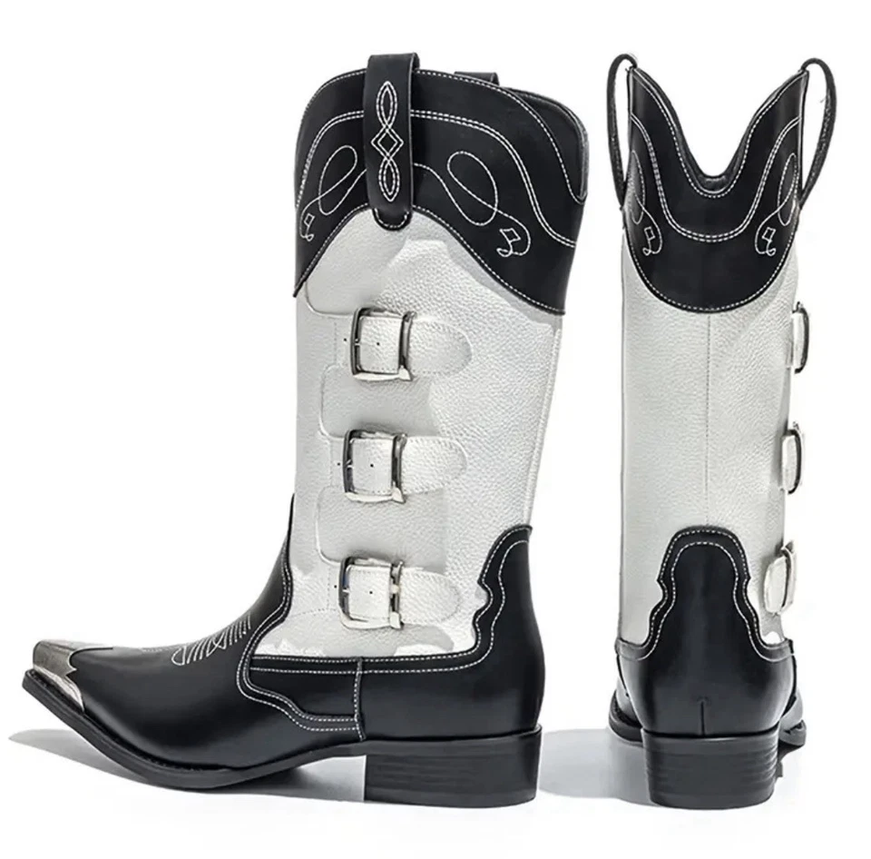 Botas vaqueras de cuero blancas y negras para hombre | Bordadas occidentales con correas talla 11 Foto 4 de 4