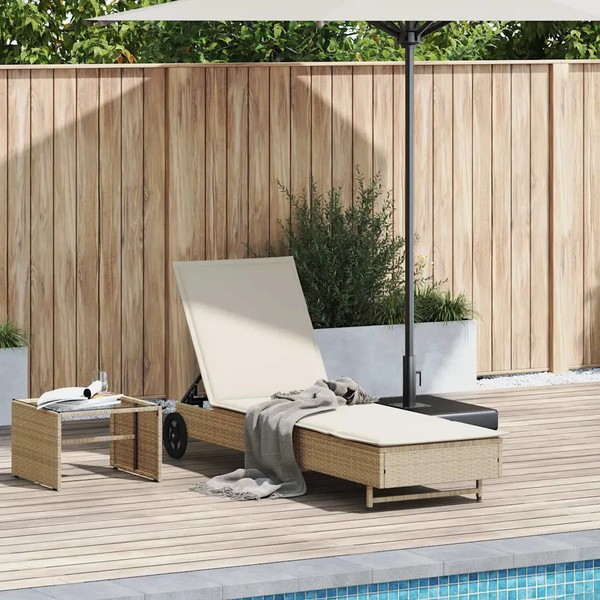 Sonnenliege Mit Rollen Und Auflage Beige Poly Rattan-image
