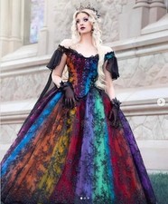 Gothic Rainbow WeddingDress Black Lace Vintage Victorian BridalGown Off Shoulder