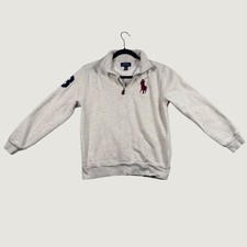 Polo Ralph Lauren 1/4 Zip Pullover Boys Big Pony Sleeve Patch L 14-16 Tan Preppy