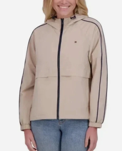 NWT-Tommy Hilfiger Women’s Windbreaker Jacket, Lightweight Hooded-Khaki-L
