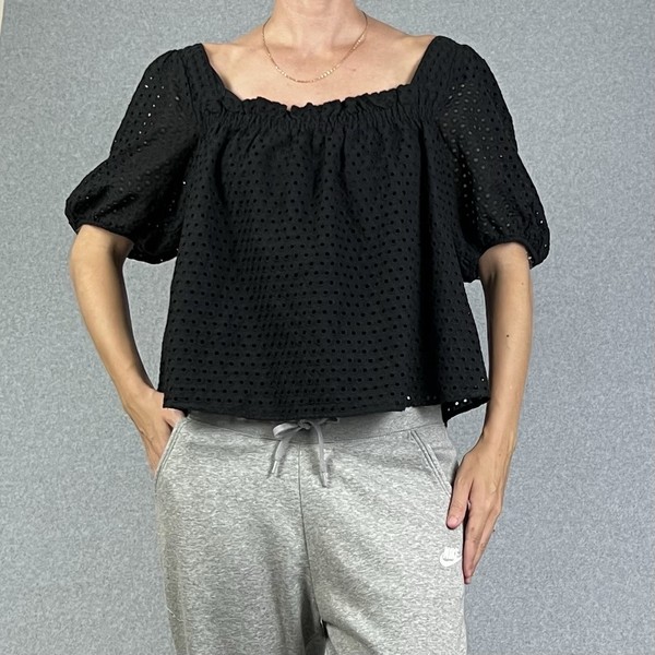 Seed Heritage Top Blouse Womens 12 Black Embroidered Broderie Puff Sleeve Cotton