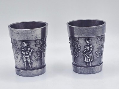 VNG OLD 2 PEWTER GERMAN SCHNAPPS CUPS 95% ZINN AUERHAHN REAL LOGO RELIEF IMAGES