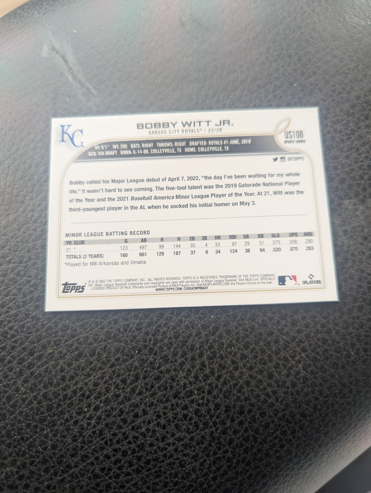 2022 Topps Update Series - Bobby Witt Jr. RC #US100 Kansas City Royals
