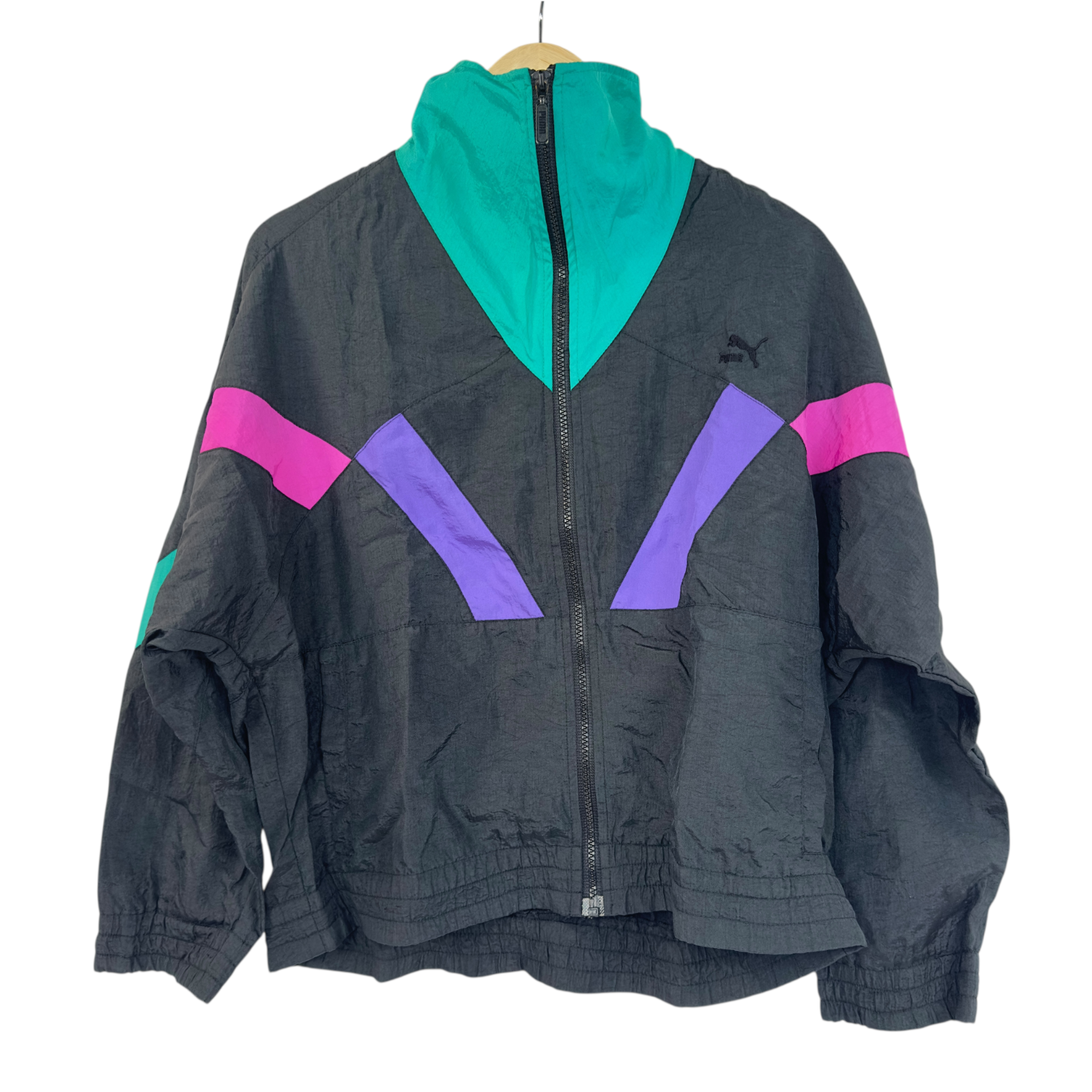 Vintage 90s Puma Colorblock Nylon Windbreaker Jacket Black Teal Purple Pink M