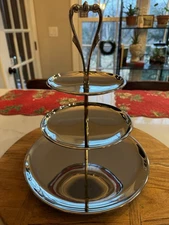 Three Tiered Kromex Vintage Serving Dish USA 2 Tone Silver & Gold W/ Base 1960s