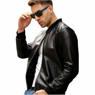 MENS BLACK BOMBER JACKET GENUINE LEATHER BLACK SLIM FIT BIKER STYLE JACKET