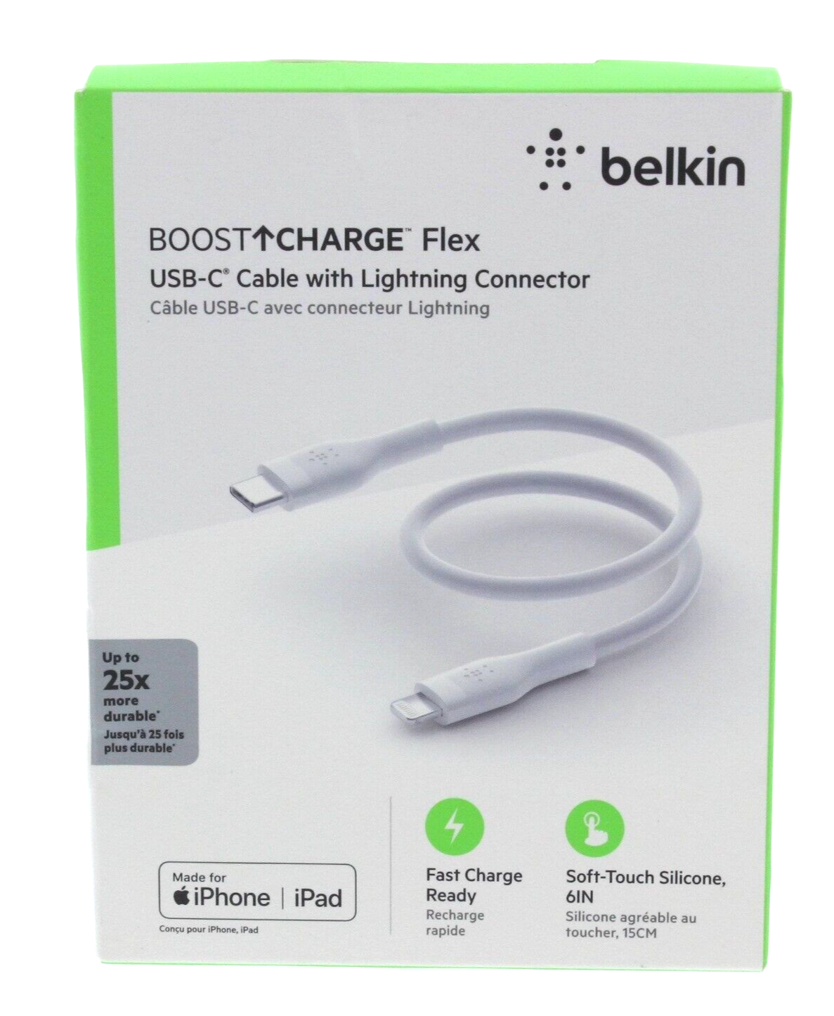 Belkin BoostCharge Flex USB-C to Lightning Cable 8-Pin White for iPhone Fast Charging-image