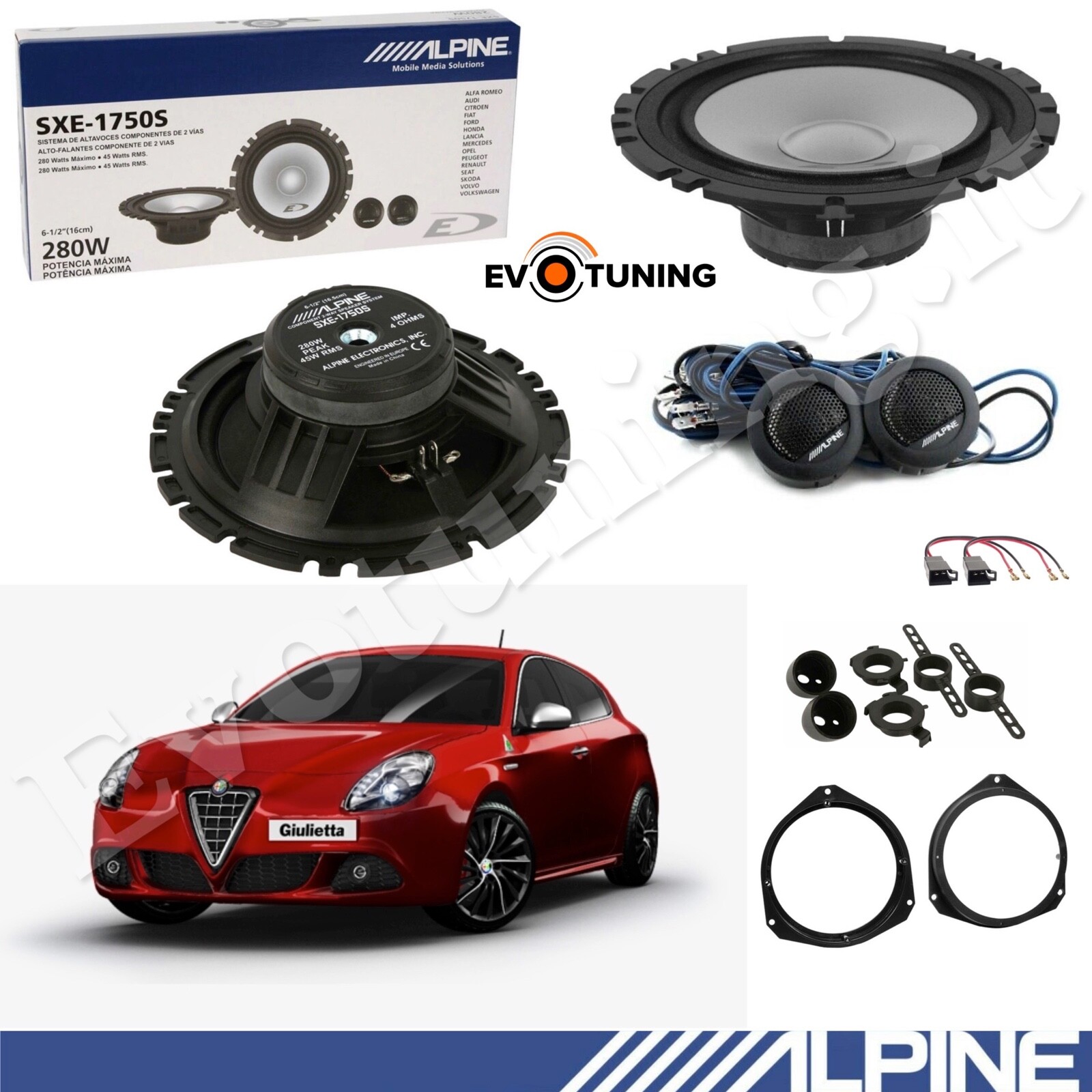 Kit 4 Casse Altoparlanti Alpine Anteriori Woofer e Tweeter per Alfa Giulietta