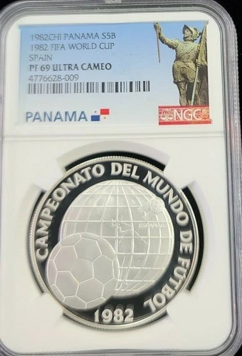 1982 PANAMA SILVER 5 BALBOAS S5B FIFA WORLD CUP NGC PF 69 ULTRA CAMEO BEAUTIFUL