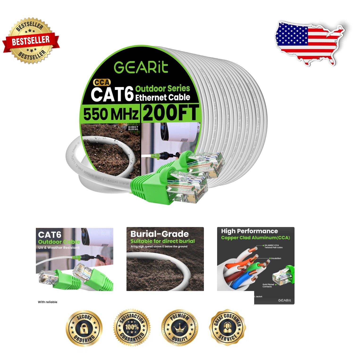200ft Cat6 Ethernet Cable Gold-Plated Burial & UV Resistant High Speed-image