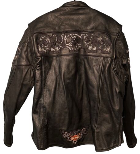 Leather Motorcycle Jacket Mens XL Black Reflective Skulls Lined Biker - Picture 3 of 12