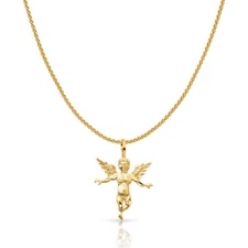 14K Yellow Gold Angel Charm Pendant with 0.9mm Wheat Chain Necklace
