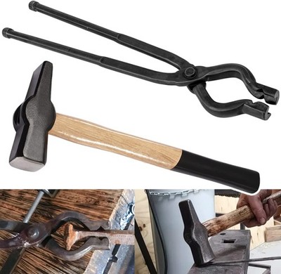 17'' V-Bit Bolt Tongs & 1.5KG(3.3LB) Blacksmith Hammer Kit Forge Vise Tongs Tool